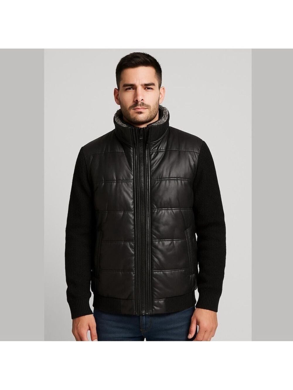 BUFFALO men’s David Bitton Puffy Winter jacket Knit wool sleeves fur collar Sz L